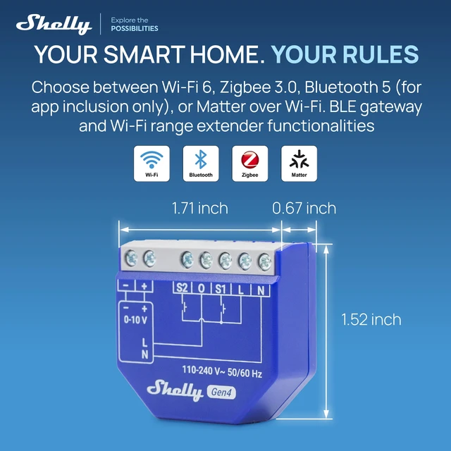 Alt view image 3 of 7 - Shelly Dimmer 0/1-10V PM Gen4 Smart 0-10V Dimmer with Power Monitoring, Wi-Fi, Zigbee, Bluetooth, Matter