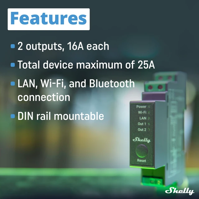 Alt view image 3 of 7 - Shelly Pro 2 UL-Certified 2-Channel DIN Rail Smart Relay, 2x16A, 25A Total, Wi-Fi, LAN, Bluetooth, Dry Contacts, KNXnet/IP