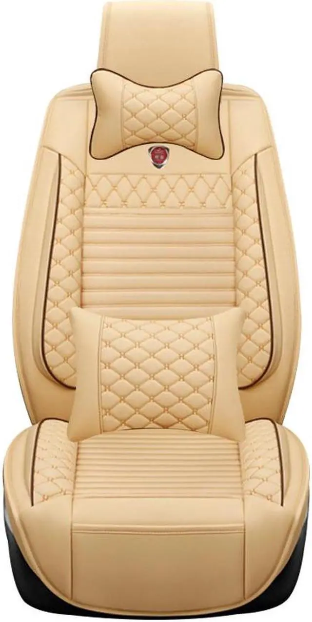 Main image of Comfortable Car Seat Cover, 5 Front And Rear Seats, All-weather Car Seat Cover, PU Leather Car Cushion With Waist Support And Headrest, Beige Yellow