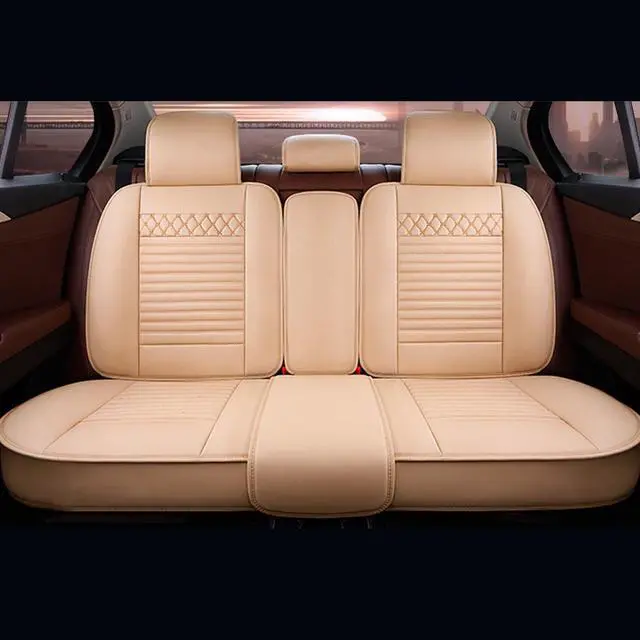 Alt view image 5 of 7 - Comfortable Car Seat Cover, 5 Front And Rear Seats, All-weather Car Seat Cover, PU Leather Car Cushion With Waist Support And Headrest, Beige Yellow