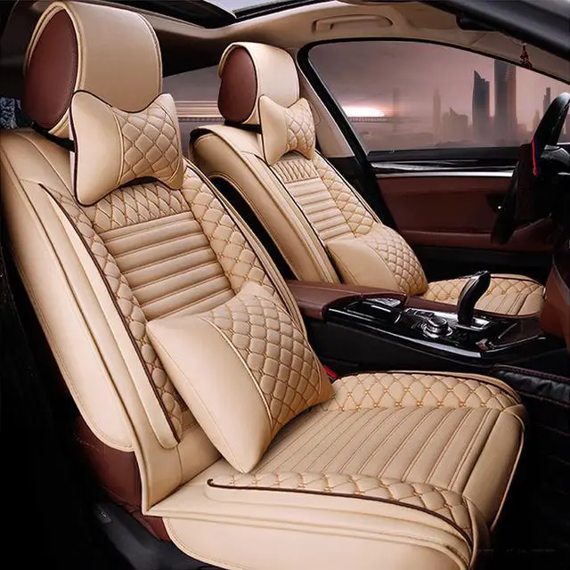 Alt view image 4 of 7 - Comfortable Car Seat Cover, 5 Front And Rear Seats, All-weather Car Seat Cover, PU Leather Car Cushion With Waist Support And Headrest, Beige Yellow
