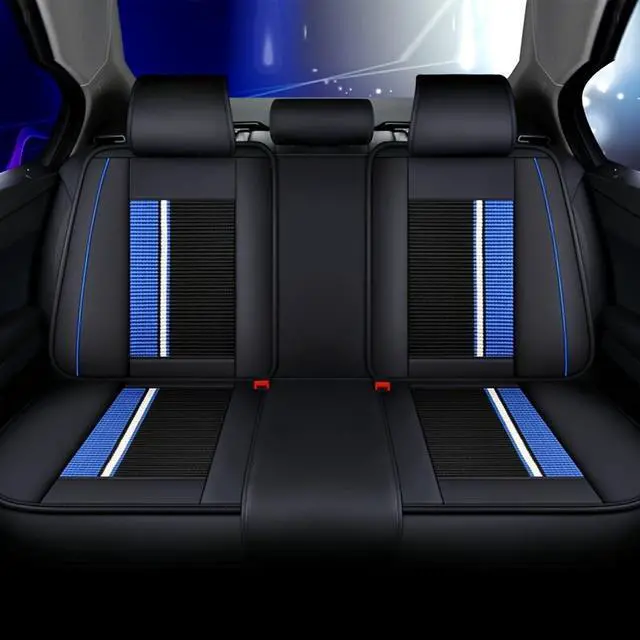 Alt view image 5 of 7 - Car Seat Cover, 5 Front And Rear Seats, All-weather Car Seat Cover, PU Leather Car Seat Cushion,  Black Blue