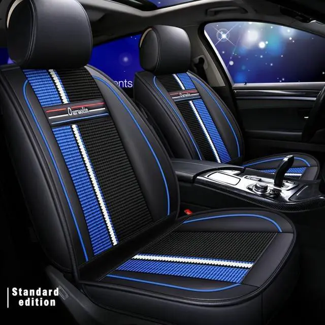 Alt view image 4 of 7 - Car Seat Cover, 5 Front And Rear Seats, All-weather Car Seat Cover, PU Leather Car Seat Cushion,  Black Blue