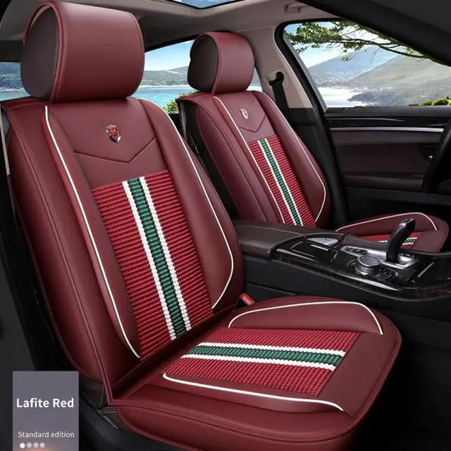 Alt view image 4 of 7 - Comfortable Car Seat Cover, 5 Front And Rear Seats, All-weather Car Seat Cover, PU Leather Car Cushion,Lafite Red