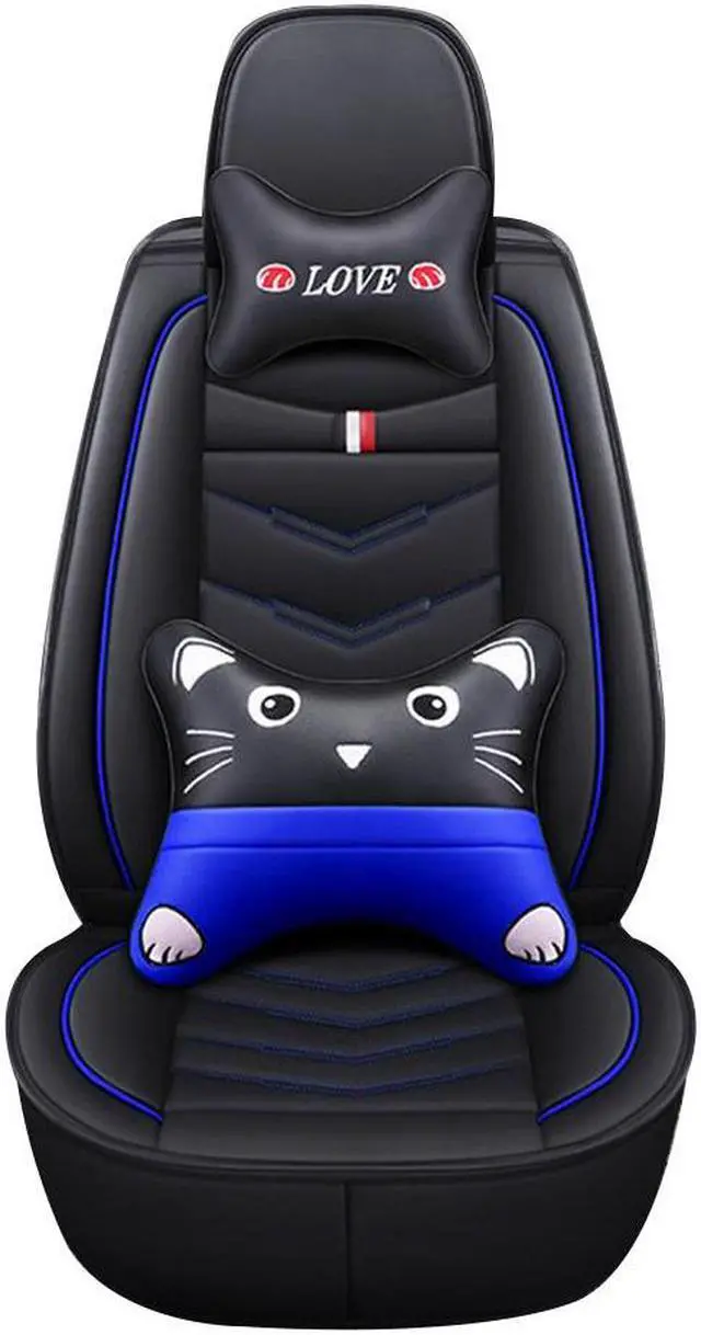 Main image of Comfortable Cartoon Car Seat Cover, 5 Front And Rear Seats, All-weather Car Seat Cover, PU Leather Car Cushion With Waist Support And Headrest, Black Blue