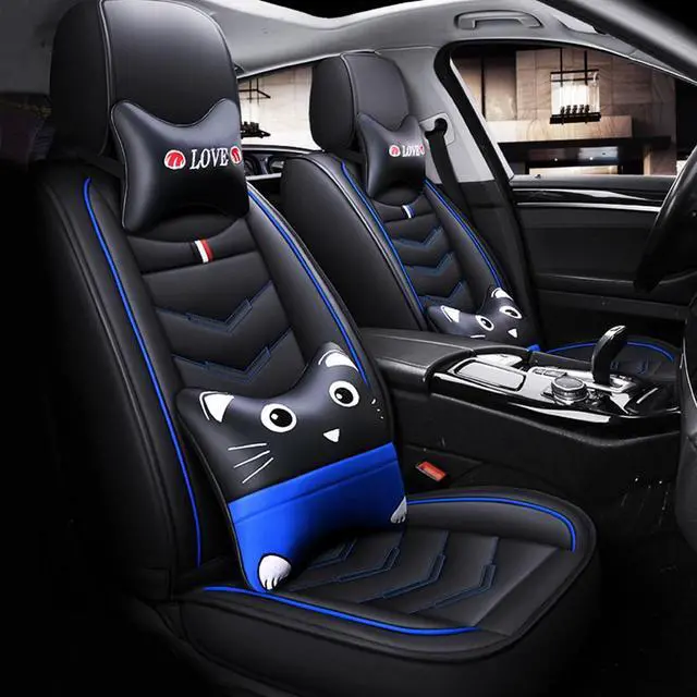 Alt view image 4 of 7 - Comfortable Cartoon Car Seat Cover, 5 Front And Rear Seats, All-weather Car Seat Cover, PU Leather Car Cushion With Waist Support And Headrest, Black Blue