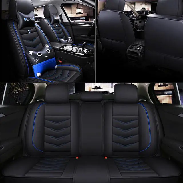 Alt view image 5 of 7 - Comfortable Cartoon Car Seat Cover, 5 Front And Rear Seats, All-weather Car Seat Cover, PU Leather Car Cushion With Waist Support And Headrest, Black Blue