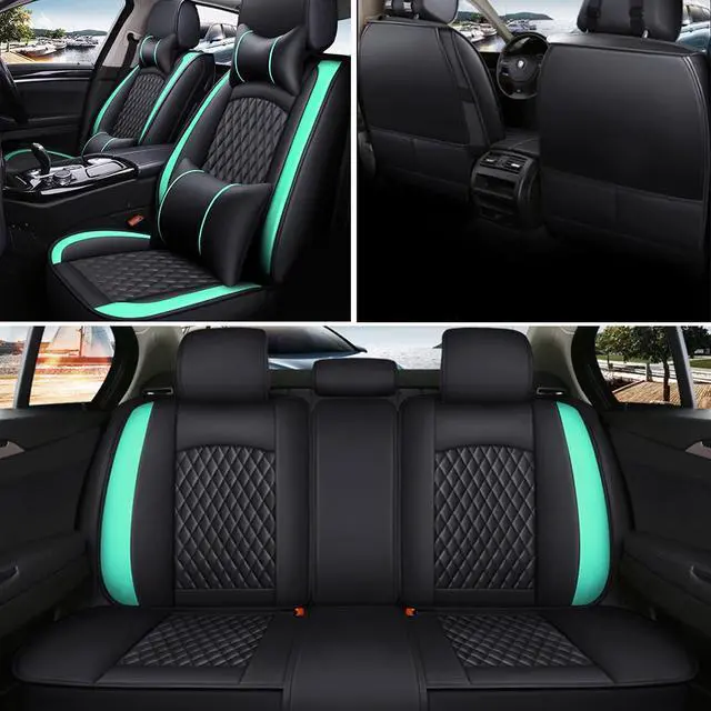 Alt view image 5 of 7 - Comfortable Car Seat Cover, 5 Front And Rear Seats, All-weather Car Seat Cover, PU Leather Car Cushion With Waist Support And Headrest, Black Green