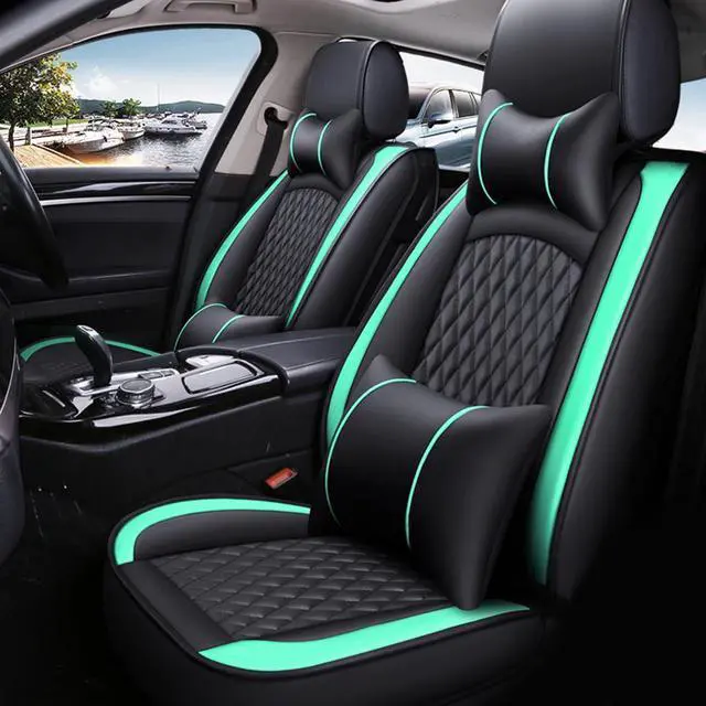 Alt view image 4 of 7 - Comfortable Car Seat Cover, 5 Front And Rear Seats, All-weather Car Seat Cover, PU Leather Car Cushion With Waist Support And Headrest, Black Green