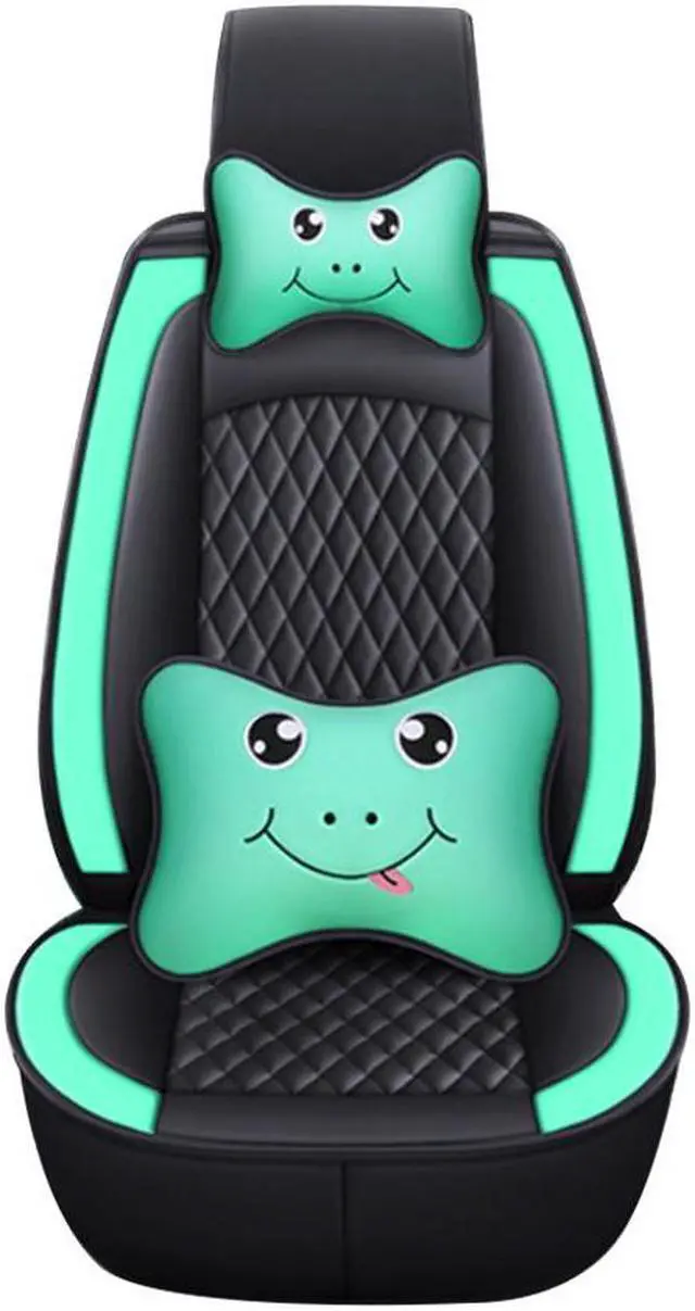 Main image of Comfortable Cartoon Car Seat Cover, 5 Front And Rear Seats, All-weather Car Seat Cover, PU Leather Car Cushion With Waist Support And Headrest, Black Green