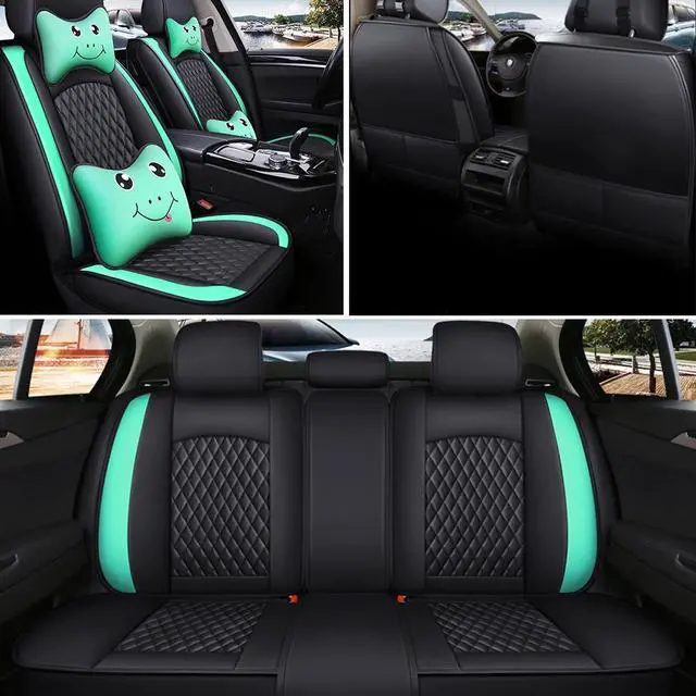 Alt view image 5 of 7 - Comfortable Cartoon Car Seat Cover, 5 Front And Rear Seats, All-weather Car Seat Cover, PU Leather Car Cushion With Waist Support And Headrest, Black Green