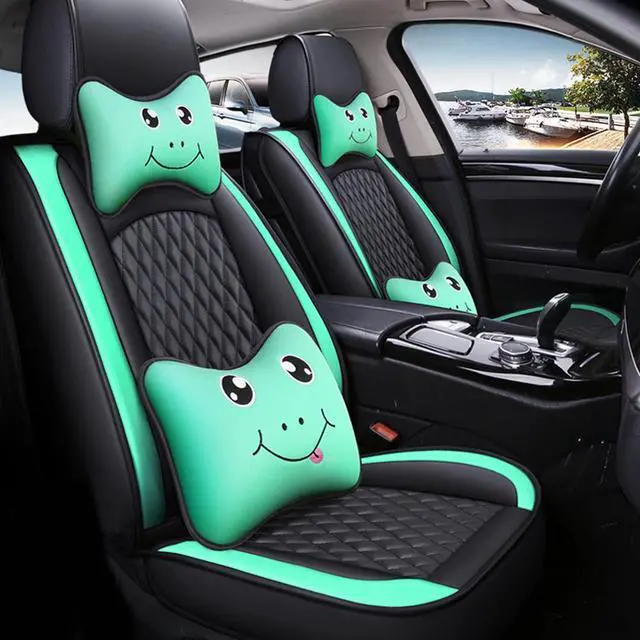 Alt view image 4 of 7 - Comfortable Cartoon Car Seat Cover, 5 Front And Rear Seats, All-weather Car Seat Cover, PU Leather Car Cushion With Waist Support And Headrest, Black Green