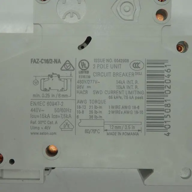 Alt view image 3 of 3 - Eaton Cutler Hammer 16A 2-Pole Miniature Circuit Breaker FAZ-C16/2-NA