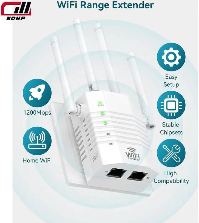 Alt view image 2 of 7 - NDUP WiFi Range Extender, Signal Booster, Coverage Up to 12,880 Sq. Ft, Supports 105 Devices, WiFi Amplifier for Home, Internet Repeater with Ethernet Port LYQ9679