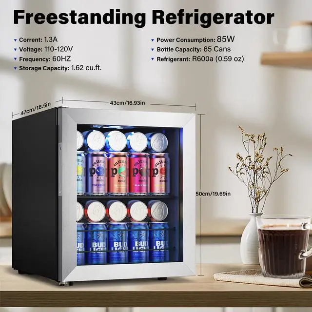 Alt view image 3 of 7 - Yeego 1.6 Cu. Ft Beverage Cooler - Mini Beverage Refrigerator and Beer Fridge for 62-65 Cans with Adjustable Thermostat & Glass Door, Perfect Drink Fridge for Home, Office, and Bar