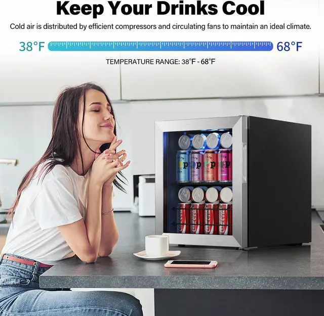 Alt view image 6 of 7 - Yeego 1.6 Cu. Ft Beverage Cooler - Mini Beverage Refrigerator and Beer Fridge for 62-65 Cans with Adjustable Thermostat & Glass Door, Perfect Drink Fridge for Home, Office, and Bar