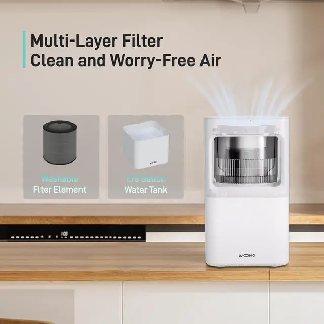 Alt view image 3 of 7 - Wooohoo 8L Ultra-Quiet Humidifier with Smart Control, Aromatherapy Function, Large 2.11-Gallon Water Tank, Touch & Remote Operation, 1-12 Hour Timer for Home, Bedroom, and Office Use