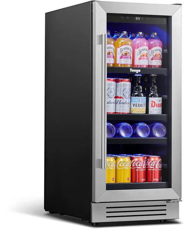 Main image of Yeego 15 Inch Beverage Refrigerator - 80 Can Capacity with Blue LED Light, Single Zone Glass Door, Built-in or Freestanding for Home/Kitchen/Bar (3 cu.ft)