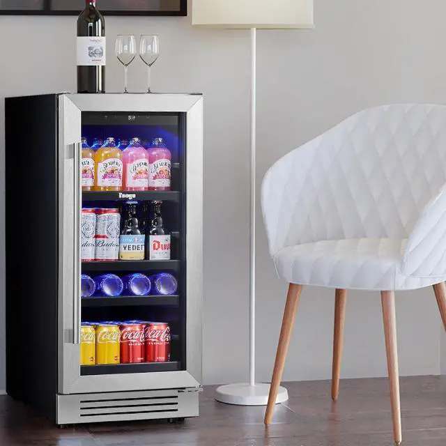 Alt view image 2 of 7 - Yeego 15 Inch Beverage Refrigerator - 80 Can Capacity with Blue LED Light, Single Zone Glass Door, Built-in or Freestanding for Home/Kitchen/Bar (3 cu.ft)