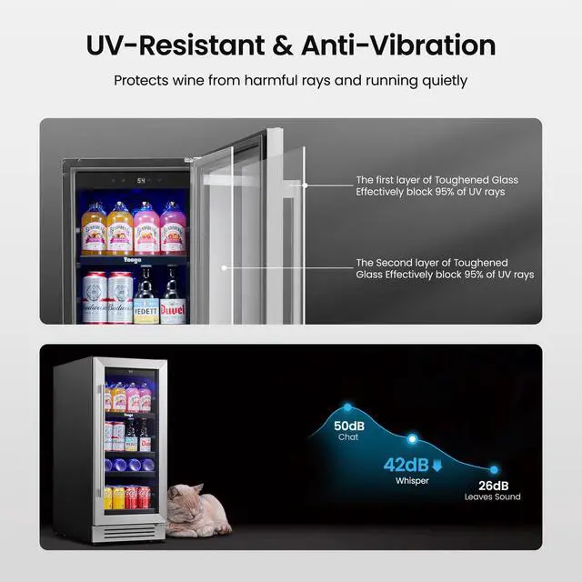 Alt view image 4 of 7 - Yeego 15 Inch Beverage Refrigerator - 80 Can Capacity with Blue LED Light, Single Zone Glass Door, Built-in or Freestanding for Home/Kitchen/Bar (3 cu.ft)