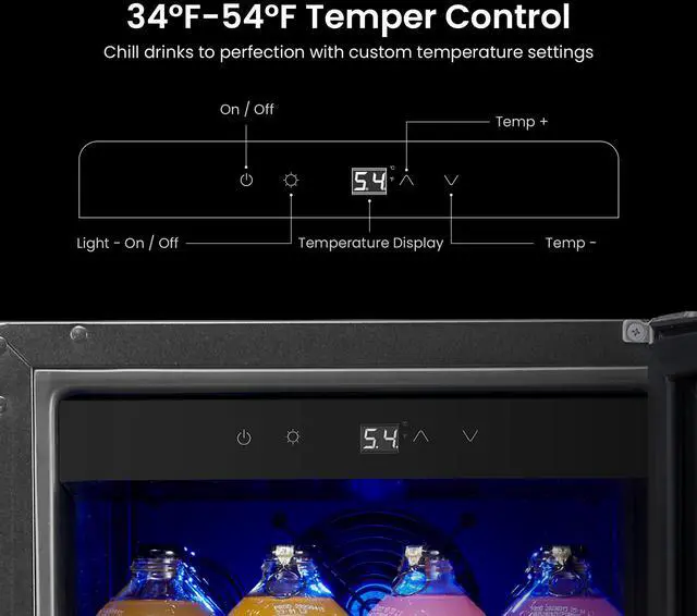 Alt view image 5 of 7 - Yeego 15 Inch Beverage Refrigerator - 80 Can Capacity with Blue LED Light, Single Zone Glass Door, Built-in or Freestanding for Home/Kitchen/Bar (3 cu.ft)