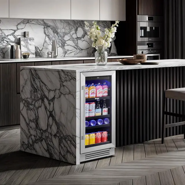 Alt view image 6 of 7 - Yeego 15 Inch Beverage Refrigerator - 80 Can Capacity with Blue LED Light, Single Zone Glass Door, Built-in or Freestanding for Home/Kitchen/Bar (3 cu.ft)