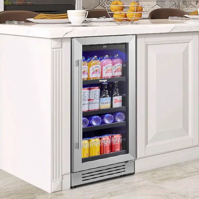 Alt view image 7 of 7 - Yeego 15 Inch Beverage Refrigerator - 80 Can Capacity with Blue LED Light, Single Zone Glass Door, Built-in or Freestanding for Home/Kitchen/Bar (3 cu.ft)