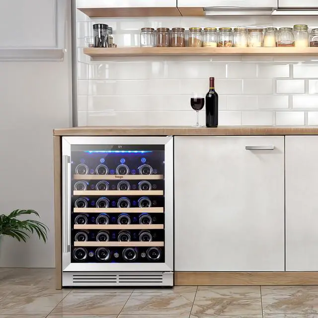 Alt view image 6 of 7 - Yeego 23.4 Inch Wine and Beverage Refrigerator - 47 Bottle Capacity with Blue LED Light, Single Zone Glass Door, Built-in or Freestanding for Home/Kitchen/Bar (5.12 cu.ft)