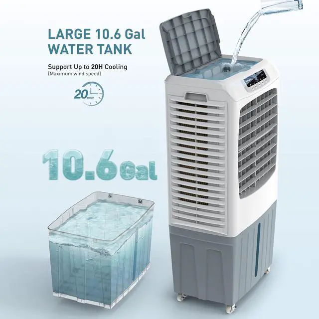 Alt view image 3 of 7 - Zelngo ZG-17DN Evaporative Air Cooler & Cooling Fan - 40L Tank, Dual Ice-Crystal Technology, Remote Control, Ultra-Quiet 55dB, 24-Hour Timer - Energy-Efficient Air Conditioner Alternative for Home