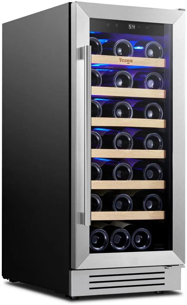 Main image of Yeego 15 Inch Wine and Beverage Refrigerator - 33 Bottle Capacity with Blue LED Light, Single Zone Glass Door, Built-in or Freestanding for Home/Kitchen/Bar (3.00 cu.ft)