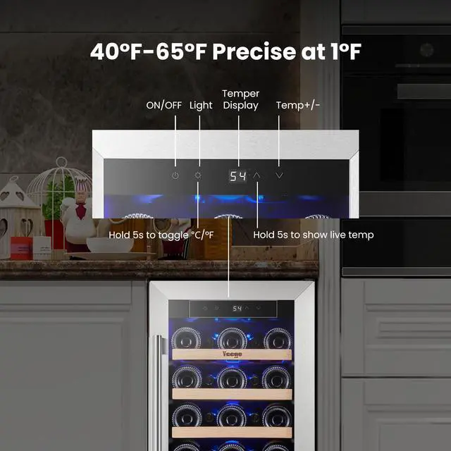 Alt view image 4 of 7 - Yeego 15 Inch Wine and Beverage Refrigerator - 33 Bottle Capacity with Blue LED Light, Single Zone Glass Door, Built-in or Freestanding for Home/Kitchen/Bar (3.00 cu.ft)