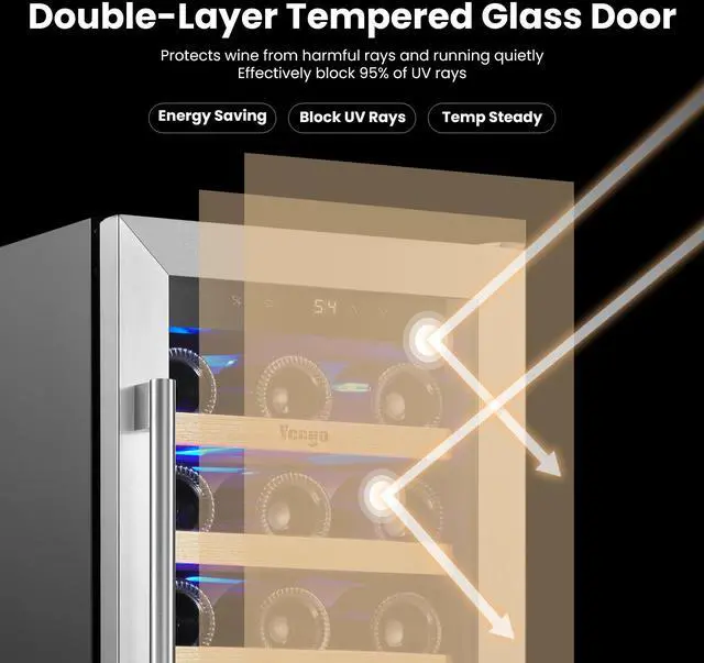 Alt view image 5 of 7 - Yeego 15 Inch Wine and Beverage Refrigerator - 33 Bottle Capacity with Blue LED Light, Single Zone Glass Door, Built-in or Freestanding for Home/Kitchen/Bar (3.00 cu.ft)