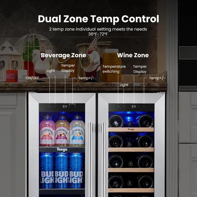 Alt view image 4 of 7 - Yeego Quiet Dual-Zone Beverage Refrigerator - 116L Compressor Cooling 36-72°F Temperature Control & Fingerprint-Resistant Stainless Steel Door | Perfect for Kitchen/Entertainment Spaces