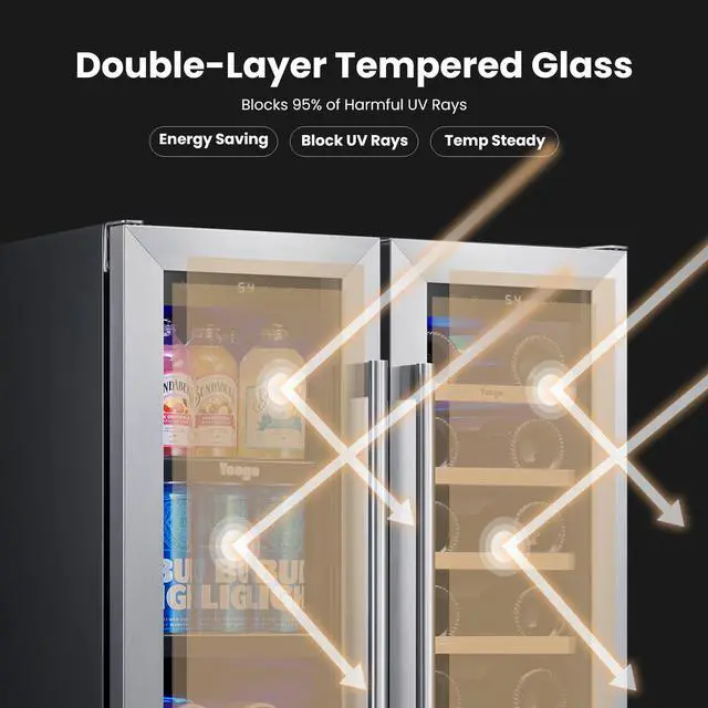 Alt view image 5 of 7 - Yeego 116L Dual Zone Wine Cooler & Wine and Beverage Refrigerator  18-Bottle Capacity, Compressor Cooling, Blue LED Lighting, Quiet Operation  Stainless Steel Design for Home, or Commercial Use