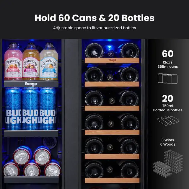 Alt view image 7 of 7 - Yeego 116L Dual Zone Wine Cooler & Wine and Beverage Refrigerator  18-Bottle Capacity, Compressor Cooling, Blue LED Lighting, Quiet Operation  Stainless Steel Design for Home, or Commercial Use