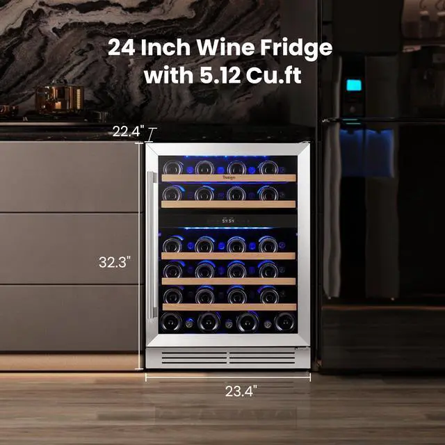 Alt view image 2 of 7 - Yeego <45dB Quiet Wine Refrigerator - Dual-Zone 40-65°F Precision Control Built-in/Freestanding 24" Design | Upgraded 47-Bottle Storage for Home Bar/Office
