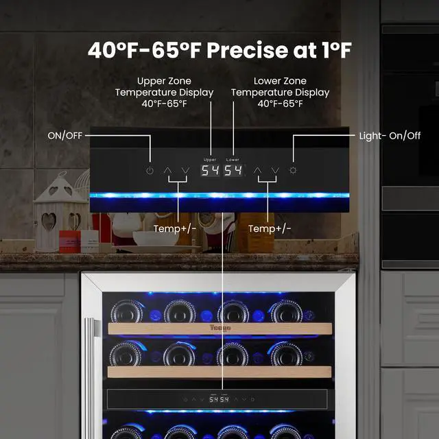 Alt view image 4 of 7 - Yeego <45dB Quiet Wine Refrigerator - Dual-Zone 40-65°F Precision Control Built-in/Freestanding 24" Design | Upgraded 47-Bottle Storage for Home Bar/Office