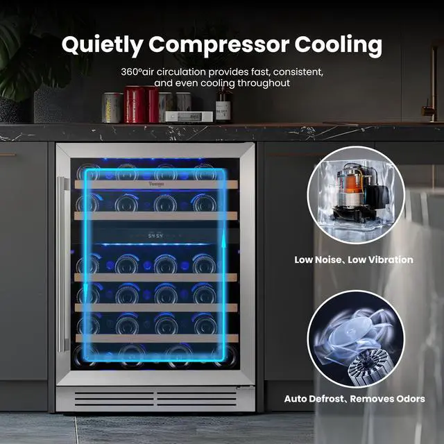 Alt view image 6 of 7 - Yeego 145 L Wine Refrigerators & Energy-Efficient 24" Wine Cooler - 47-Bottle Capacity, Dual Temperature Control (40-65°F), Compressor Cooling, Stainless Steel Door - Perfect for Home or Wine Cellar