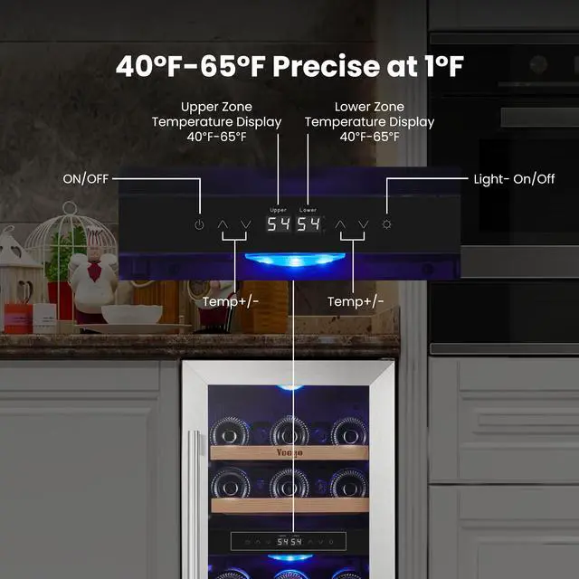 Alt view image 4 of 7 - Yeego Quiet Wine Refrigerator - 40-65°F Precision Control 28-Bottle Storage & Stainless Steel Door | Built-in/Freestanding Design for Home Bar