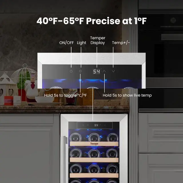 Alt view image 3 of 7 - Yeego 15 Compressor Wine Cooler & Energy-Efficient Wine Fridge - 33-Bottle Capacity, Single Zone Temperature Control Auto Defrost,40-65°F Fit For Home/Bar/Office