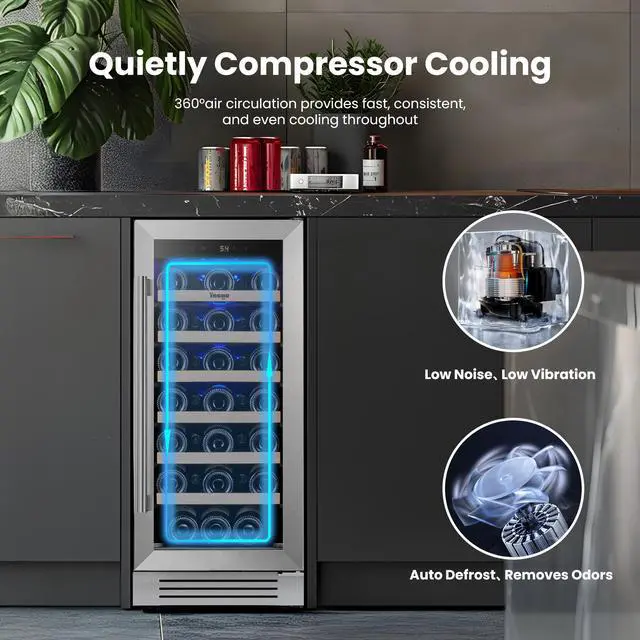 Alt view image 6 of 7 - Yeego 15 Compressor Wine Cooler & Energy-Efficient Wine Fridge - 33-Bottle Capacity, Single Zone Temperature Control Auto Defrost,40-65°F Fit For Home/Bar/Office