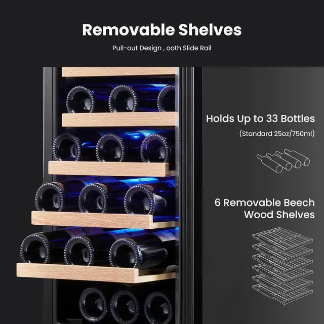 Alt view image 7 of 7 - Yeego 15 Compressor Wine Cooler & Energy-Efficient Wine Fridge - 33-Bottle Capacity, Single Zone Temperature Control Auto Defrost,40-65°F Fit For Home/Bar/Office