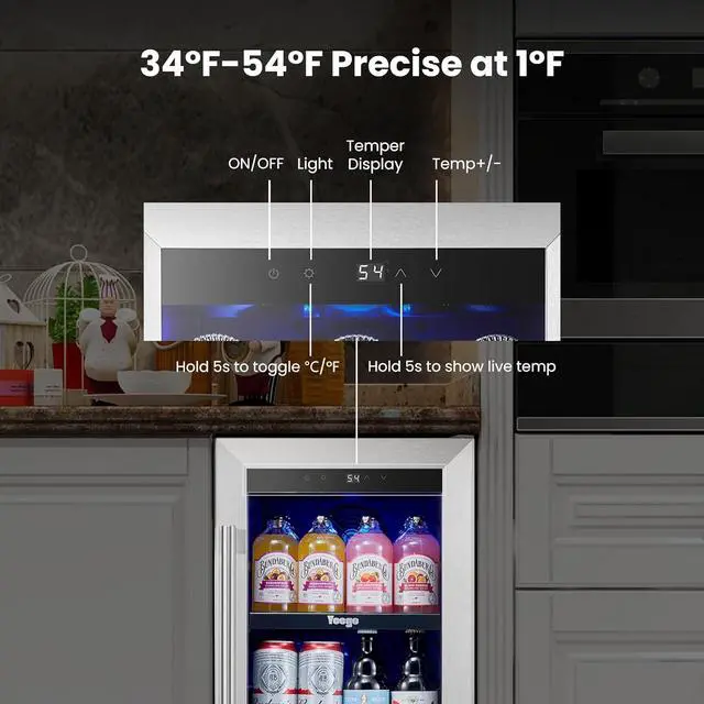 Alt view image 4 of 7 - Yeego 15 Inch Beverage Refrigerator Cooler, 100 Can Beverage Fridge with Glass Door, Adjustable Shelves, 34-54°F Drink Beer Soda Wine Cooler, Built in/Freestanding for Home Kitchen Bar Office, 3 Cu.ft