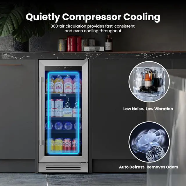 Alt view image 5 of 7 - Yeego 15 Inch Beverage Refrigerator Cooler, 100 Can Beverage Fridge with Glass Door, Adjustable Shelves, 34-54°F Drink Beer Soda Wine Cooler, Built in/Freestanding for Home Kitchen Bar Office, 3 Cu.ft