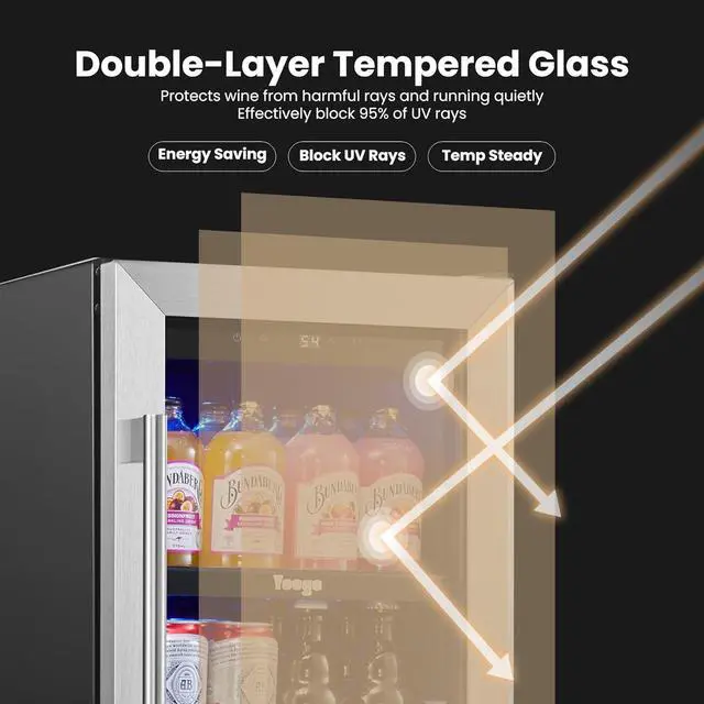 Alt view image 6 of 7 - Yeego 15 Inch Beverage Refrigerator Cooler, 100 Can Beverage Fridge with Glass Door, Adjustable Shelves, 34-54°F Drink Beer Soda Wine Cooler, Built in/Freestanding for Home Kitchen Bar Office, 3 Cu.ft
