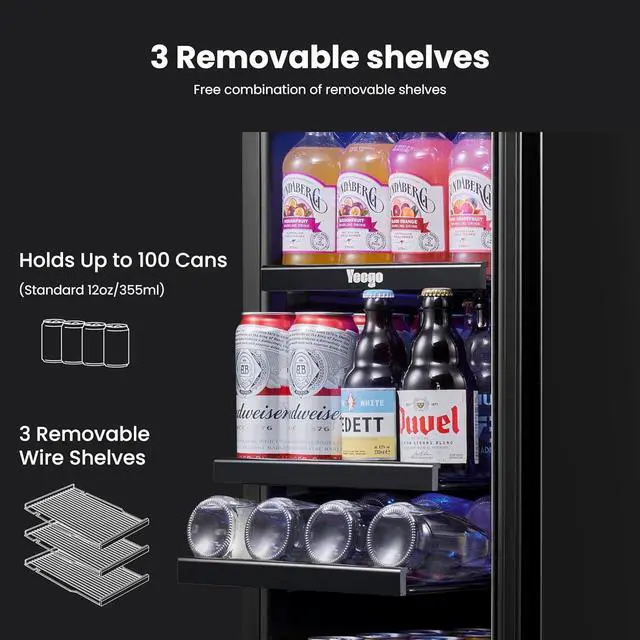Alt view image 3 of 7 - Yeego 15 Inch Beverage Refrigerator Cooler, 100 Can Beverage Fridge with Glass Door, Adjustable Shelves, 34-54°F Drink Beer Soda Wine Cooler, Built in/Freestanding for Home Kitchen Bar Office, 3 Cu.ft