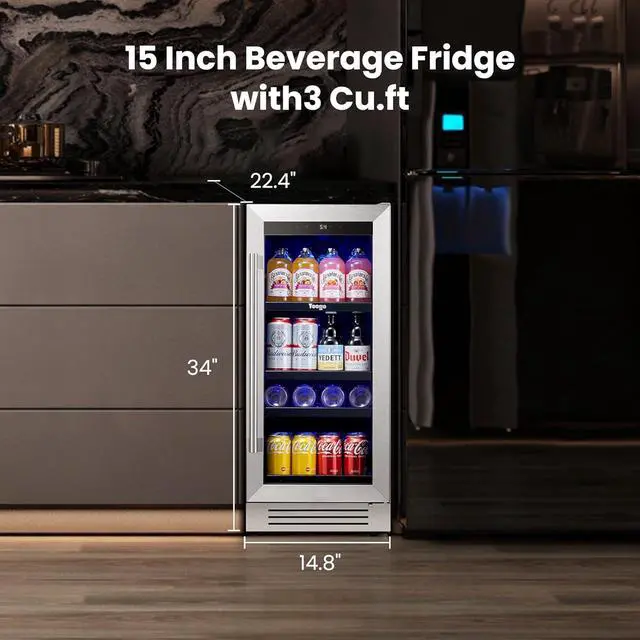 Alt view image 2 of 7 - Yeego 15 Inch Beverage Refrigerator Cooler, 100 Can Beverage Fridge with Glass Door, Adjustable Shelves, 34-54°F Drink Beer Soda Wine Cooler, Built in/Freestanding for Home Kitchen Bar Office, 3 Cu.ft