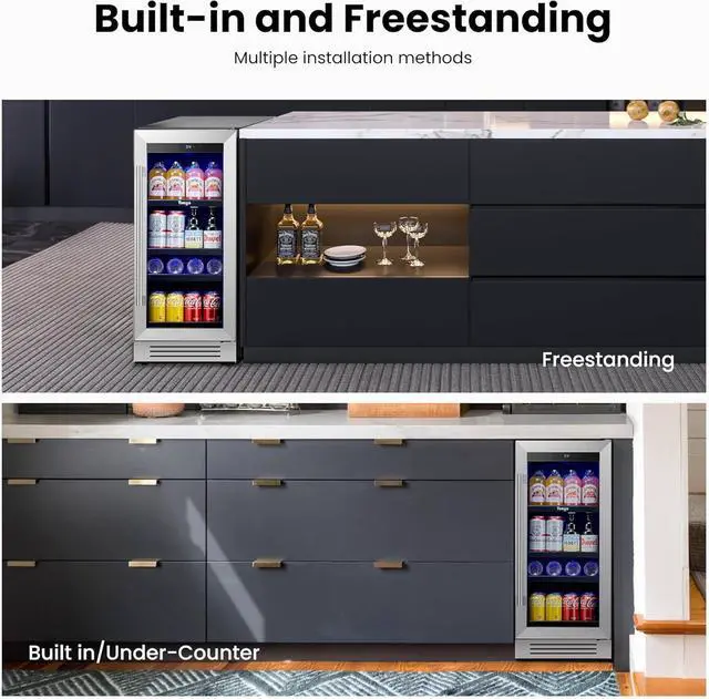 Alt view image 7 of 7 - Yeego 15 Inch Beverage Refrigerator Cooler, 100 Can Beverage Fridge with Glass Door, Adjustable Shelves, 34-54°F Drink Beer Soda Wine Cooler, Built in/Freestanding for Home Kitchen Bar Office, 3 Cu.ft