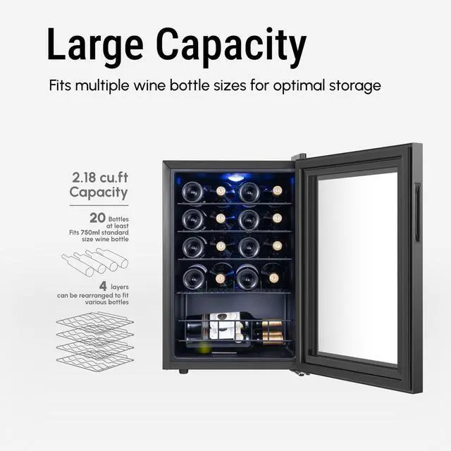 Alt view image 3 of 7 - Yeego 2.2 cu.ft Wine Cooler Refrigerator, Freestanding Compressor Wine Cellar, 20 Bottle Wine Fridge with Double-Pane Glass Door & Adjustable Shelves, 38-65°F Temp Control for Red and White, Champagne