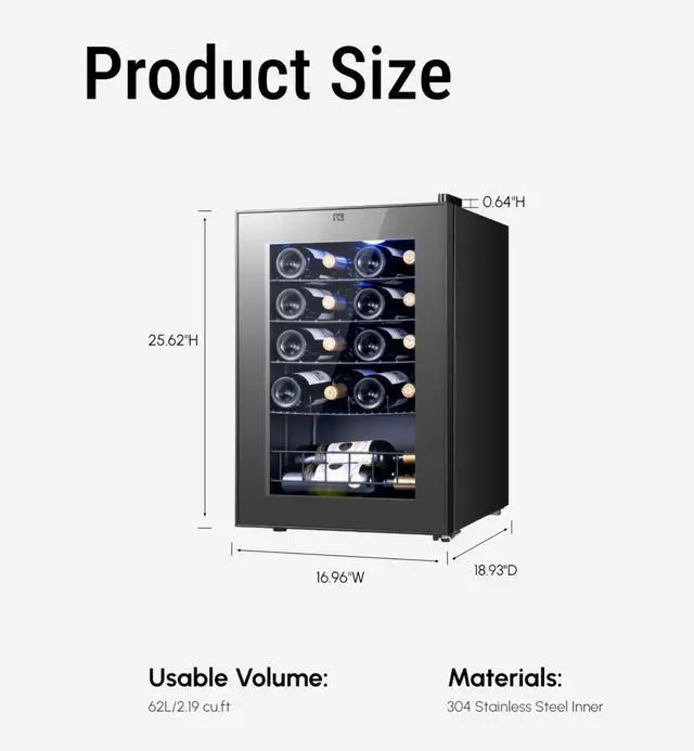 Alt view image 2 of 7 - Yeego 2.2 cu.ft Wine Cooler Refrigerator, Freestanding Compressor Wine Cellar, 20 Bottle Wine Fridge with Double-Pane Glass Door & Adjustable Shelves, 38-65°F Temp Control for Red and White, Champagne